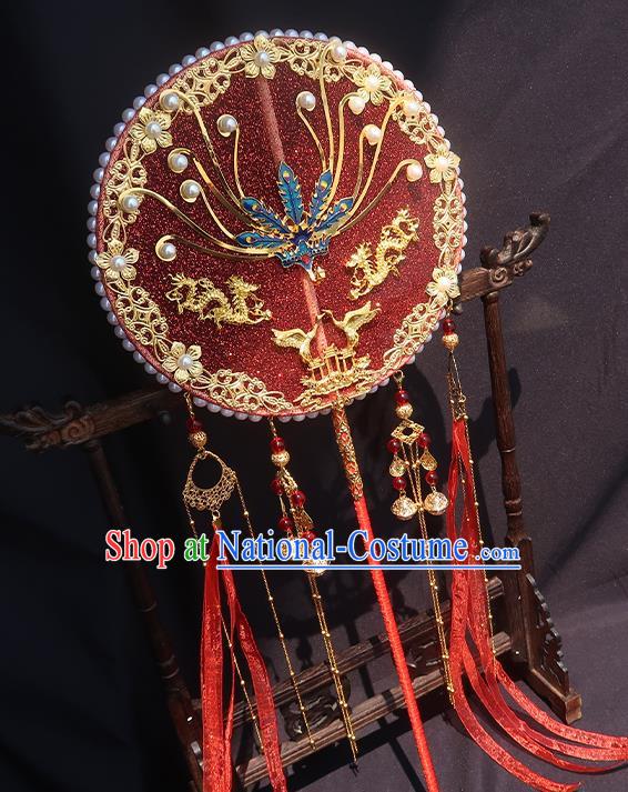 China Traditional Wedding Blueing Phoenix Circular Fan Classical Hanfu Fan Handmade Red Silk Palace Fan