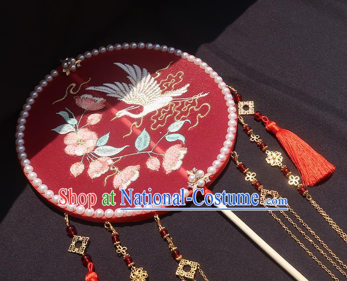 China Traditional Hanfu Embroidered Circular Fan Classical Wedding Fan Handmade Golden Tassel Palace Fan