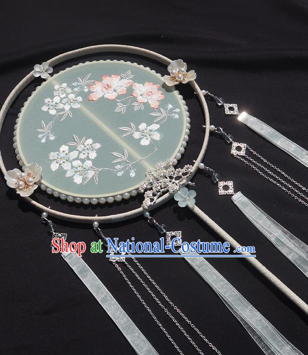 China Classical Wedding Fan Handmade Ribbon Tassel Palace Fan Traditional Hanfu Embroidered Circular Fan