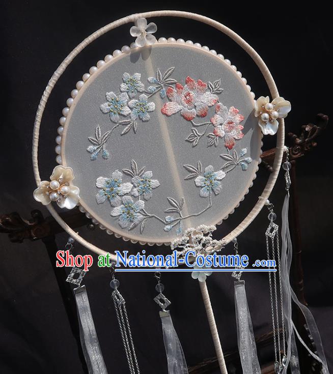 China Handmade Ribbon Tassel Palace Fan Traditional Hanfu Embroidered Circular Fan Classical Wedding Fan