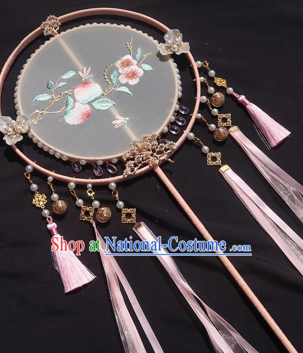 China Traditional Hanfu Embroidered Peach Blossom Circular Fan Classical Wedding Fan Handmade Pink Tassel Palace Fan