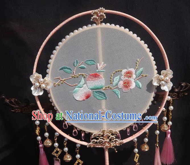 China Traditional Hanfu Embroidered Peach Blossom Circular Fan Classical Wedding Fan Handmade Pink Tassel Palace Fan