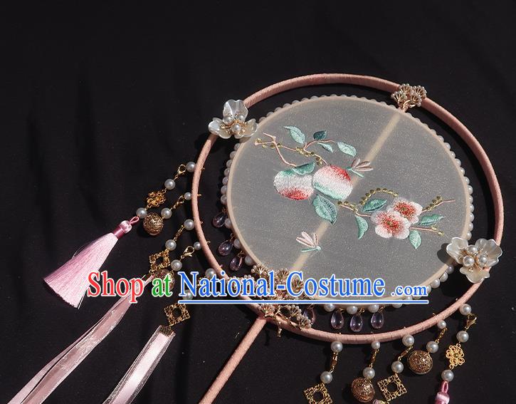 China Traditional Hanfu Embroidered Peach Blossom Circular Fan Classical Wedding Fan Handmade Pink Tassel Palace Fan