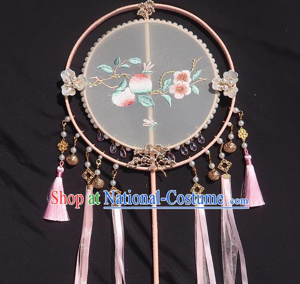 China Traditional Hanfu Embroidered Peach Blossom Circular Fan Classical Wedding Fan Handmade Pink Tassel Palace Fan