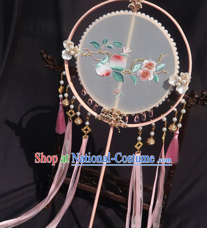 China Traditional Hanfu Embroidered Peach Blossom Circular Fan Classical Wedding Fan Handmade Pink Tassel Palace Fan