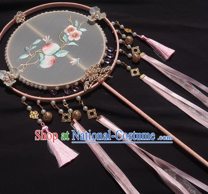 China Traditional Hanfu Embroidered Peach Blossom Circular Fan Classical Wedding Fan Handmade Pink Tassel Palace Fan