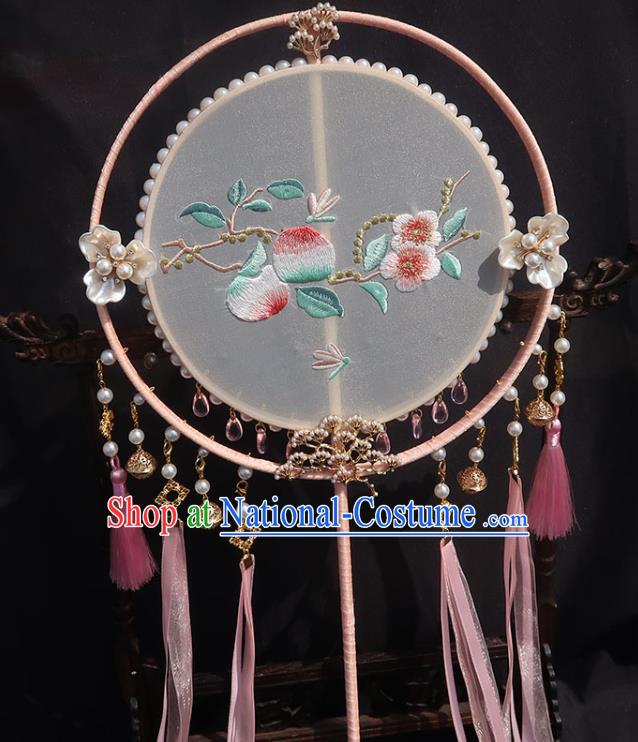 China Traditional Hanfu Embroidered Peach Blossom Circular Fan Classical Wedding Fan Handmade Pink Tassel Palace Fan