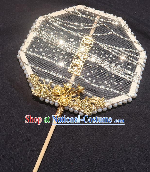 China Handmade Drilling Palace Fan Traditional Hanfu Silk Fan Classical Wedding Octagon Fan