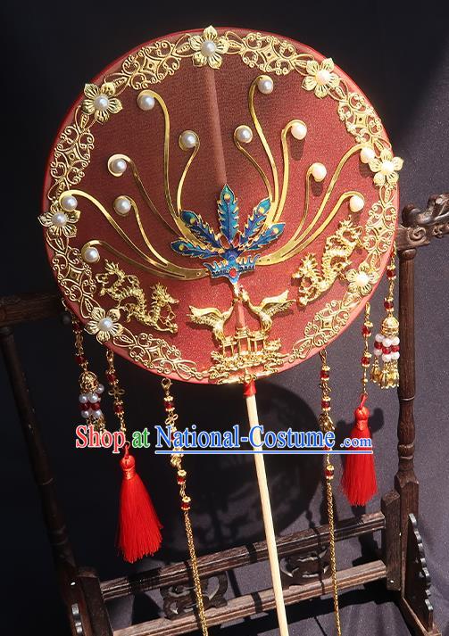 China Handmade Red Silk Palace Fan Traditional Hanfu Fan Classical Wedding Blueing Phoenix Circular Fan