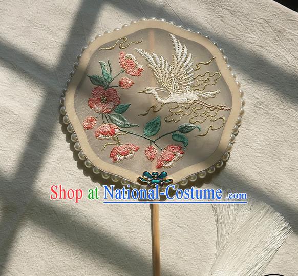 China Handmade Embroidered Peach Blossom Crane Palace Fan Traditional Hanfu Fan Classical Wedding Silk Fan