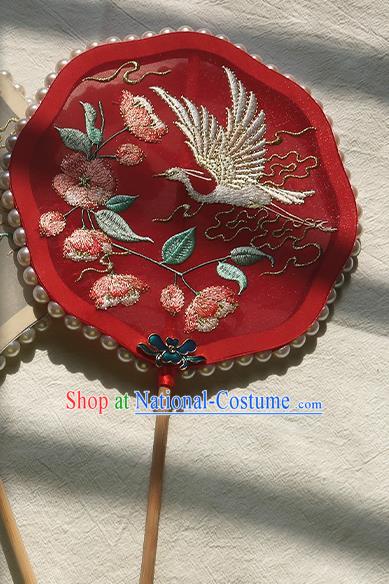 China Classical Wedding Red Silk Fan Handmade Embroidered Peach Blossom Crane Palace Fan Traditional Hanfu Fan