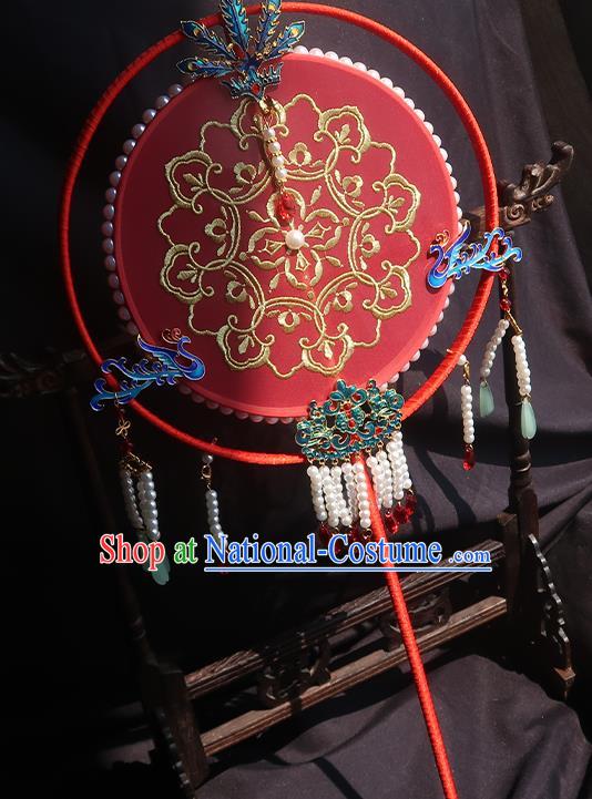 China Traditional Princess Hanfu Fan Handmade Embroidered Palace Fan Classical Wedding Red Silk Fan