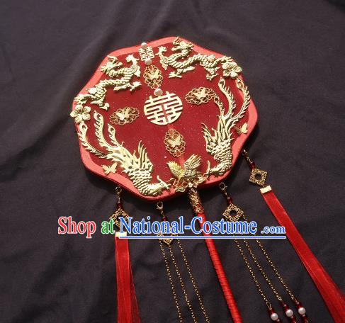 China Classical Wedding Fan Traditional Princess Hanfu Red Silk Fan Handmade Golden Dragon Phoenix Palace Fan