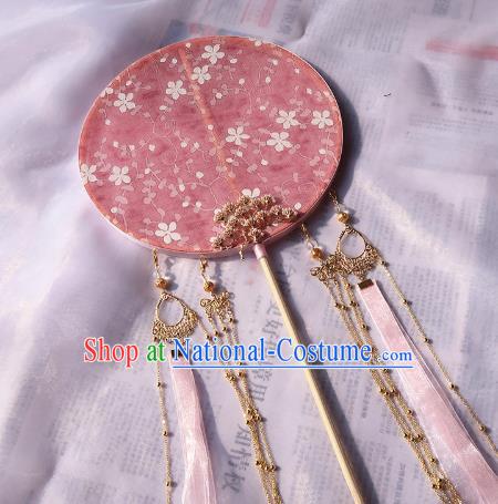 China Classical Wedding Circular Fan Traditional Princess Hanfu Fan Handmade Pink Silk Palace Fan