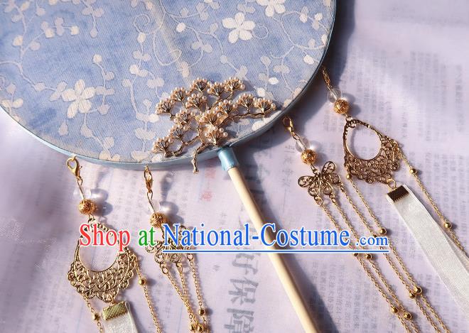 China Handmade Blue Silk Palace Fan Classical Wedding Circular Fan Traditional Ancient Princess Hanfu Fan