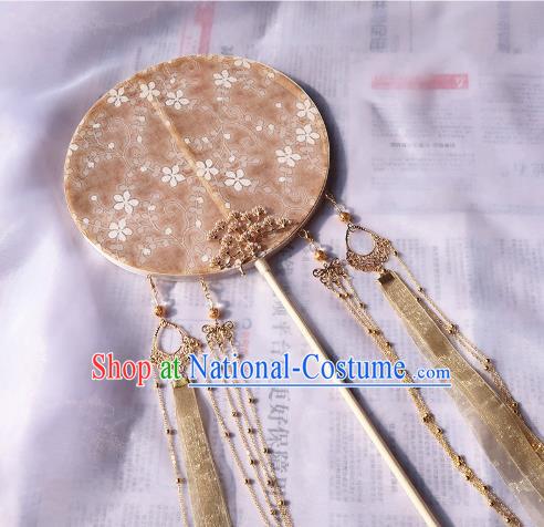 China Traditional Ancient Princess Hanfu Fan Handmade Golden Silk Palace Fan Classical Wedding Circular Fan