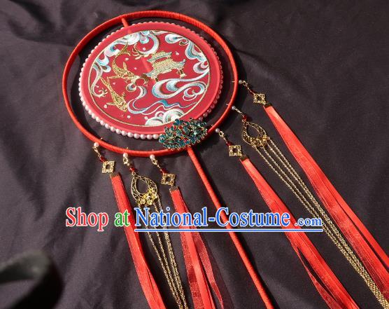 China Classical Wedding Bride Circular Fan Traditional Embroidered Red Silk Hanfu Fan Handmade Palace Fan