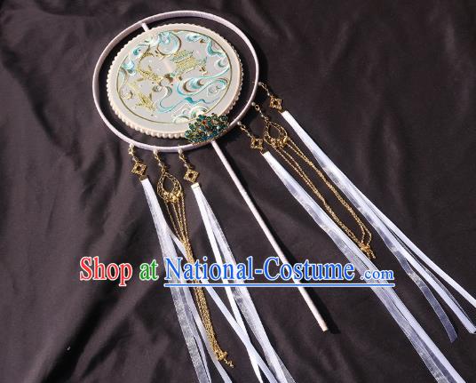 China Handmade Palace Fan Classical Wedding Bride Circular Fan Traditional Embroidered White Silk Hanfu Fan