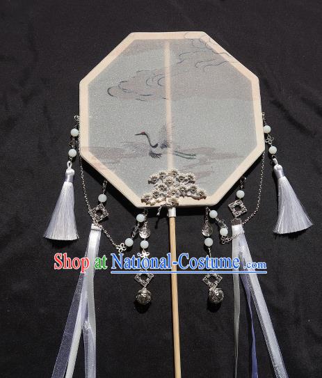 China Handmade Ink Painting Crane Palace Fan Classical Wedding Bride Fan Traditional Hanfu Silk Octagon Fan