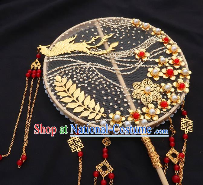 China Handmade Golden Phoenix Palace Fan Classical Wedding Bride Fan Traditional Hanfu Plum Blossom Circular Fan