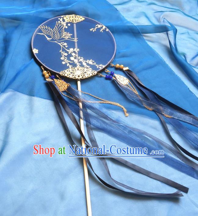 China Handmade Deep Blue Ribbon Palace Fan Classical Wedding Fan Traditional Hanfu Circular Fan