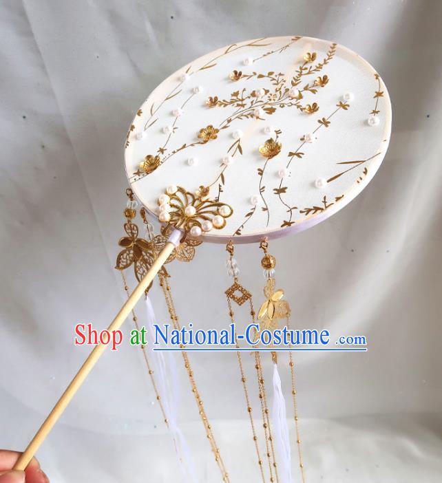 China Handmade Golden Butterfly Palace Fan Traditional Hanfu Circular Fan Classical Princess White Ribbon Wedding Fan