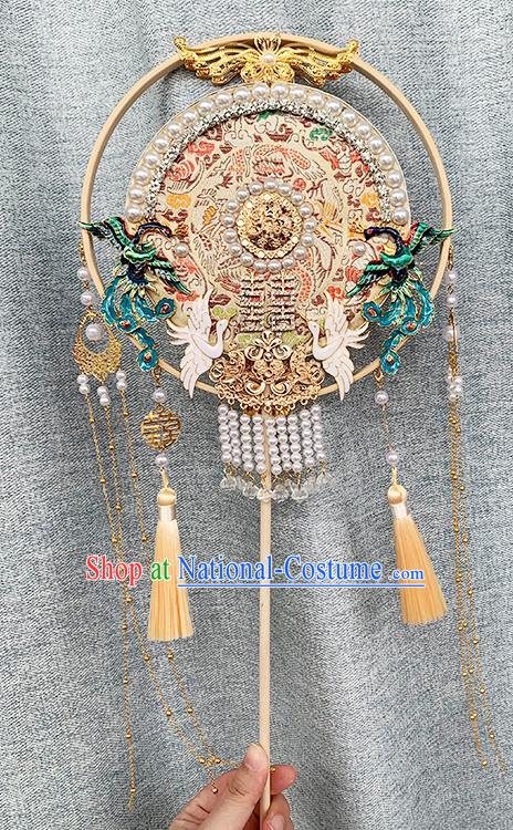 China Classical Champagne Fan Traditional Hanfu Pearls Circular Fan Handmade Blueing Phoenix Palace Fan