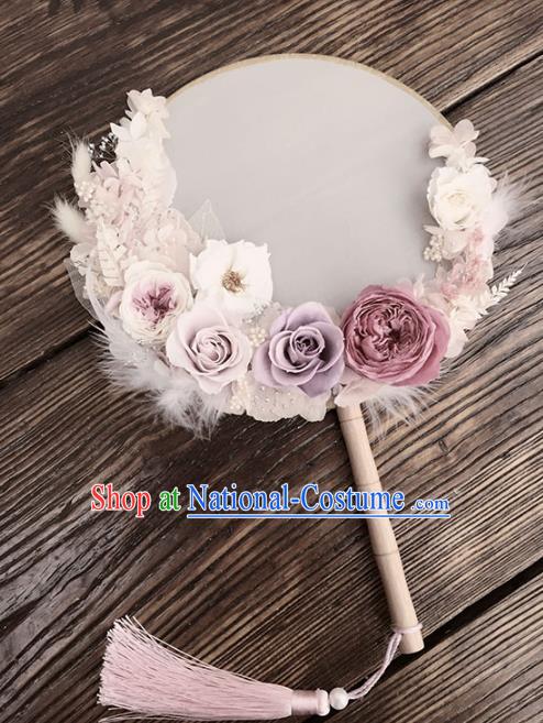 China Handmade Bride Palace Fan Classical Dance Circular Fan Traditional Wedding Purple Roses Fan