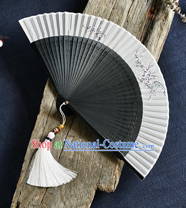 Handmade Chinese Painting Plum Blossom Folding Fan Accordion Fan Black Bamboo Fans