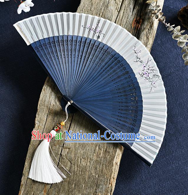 Handmade Chinese Blue Bamboo Fans Painting Plum Blossom Folding Fan Accordion Fan