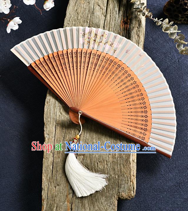 Handmade Chinese Accordion Fan Bamboo Fans Painting Pear Blossom Folding Fan