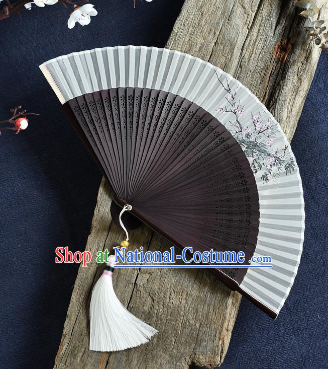 Handmade Chinese Accordion Fan Painting Plum Blossom Folding Fan Brown Bamboo Fans