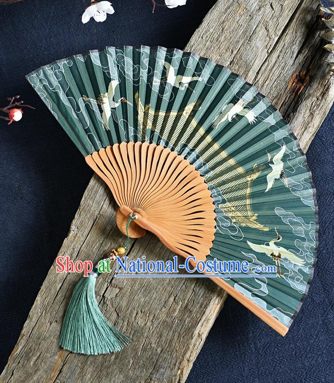 Handmade Chinese Printing Cranes Folding Fan Accordion Fan Green Silk Fans