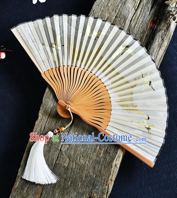 Handmade Chinese Beige Silk Fans Printing Cranes Folding Fan Accordion Fan