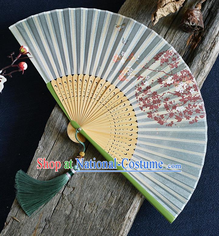 Handmade Chinese Green Bamboo Accordion Fan Blue Silk Fans Printing Folding Fan