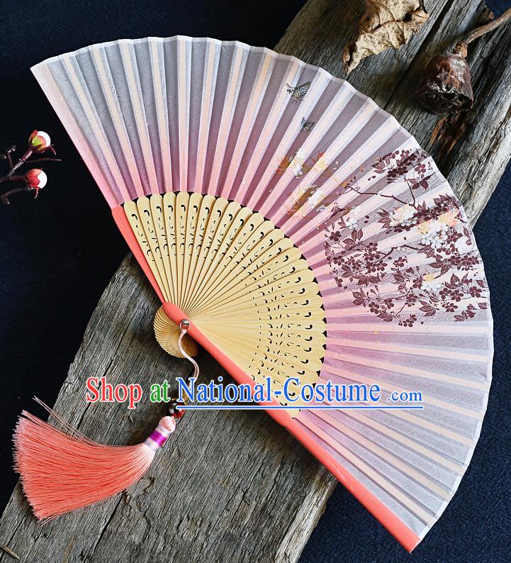 Handmade Chinese Printing Folding Fan Bamboo Accordion Fan Pink Silk Fans