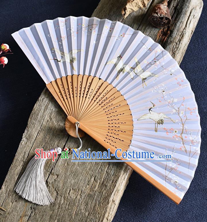 Handmade Chinese Printing Plum Cranes Folding Fan Bamboo Accordion Fan Lilac Silk Fans