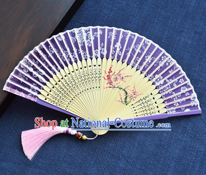 Handmade Chinese Purple Silk Fans Printing Plum Blossom Folding Fan Bamboo Accordion Fan