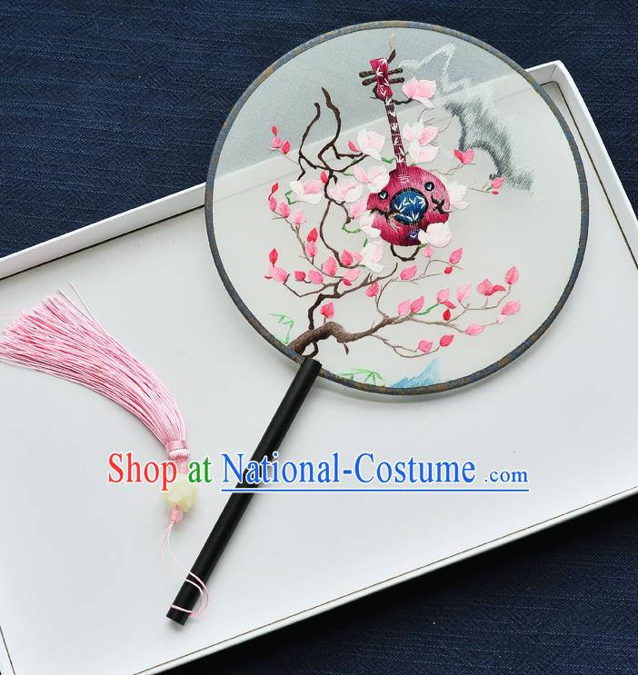 China Handmade Ebony Palace Fan Classical Dance Circular Fan Traditional Embroidered Lute Silk Fan