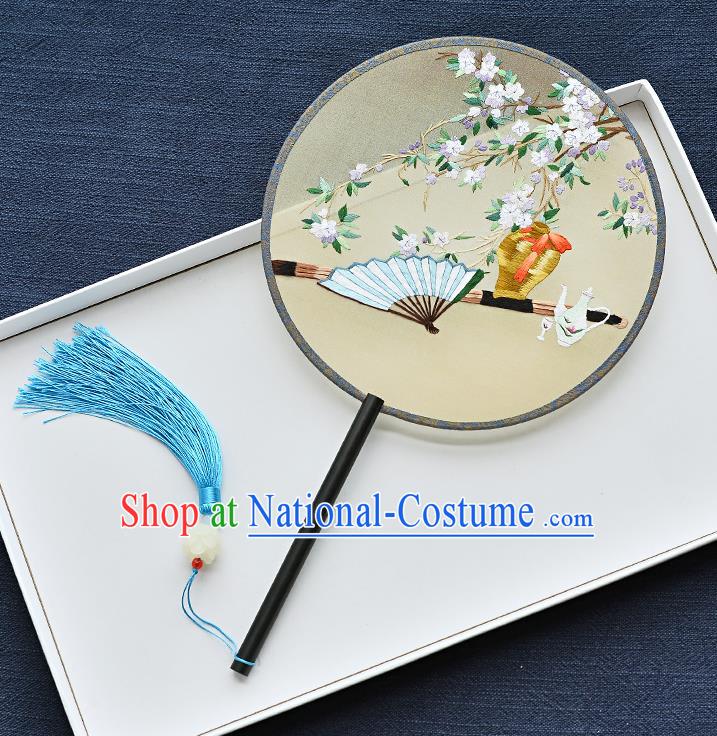 China Classical Dance Circular Fan Handmade Ebony Palace Fan Traditional Embroidered Pear Blossom Yellow Silk Fan