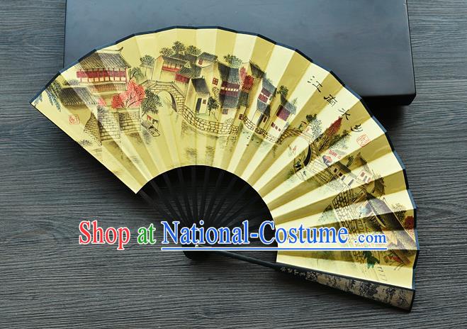 Handmade Chinese Ink Painting Jiangnan Watertown Folding Fan Carving Accordion Fan Ancient Swordsman Fan