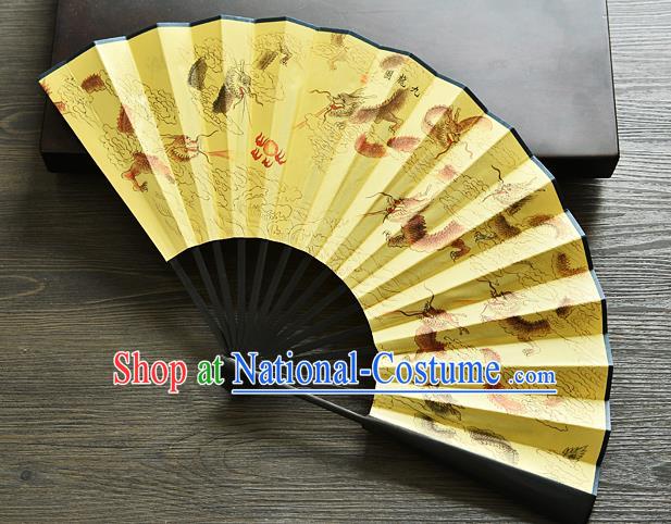 Handmade Chinese Carving Accordion Fan Yellow Silk Fan Painting Nine Dragon Folding Fan