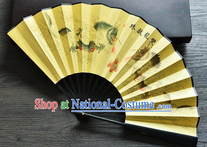 Handmade Chinese Yellow Silk Fan Carving Bamboo Fan Accordion Ink Painting Double Dragon Folding Fan