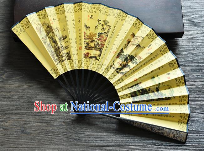 Handmade Chinese Carving Bamboo Fan Accordion Ink Painting Four Seasons Scenery Folding Fan Yellow Silk Fan