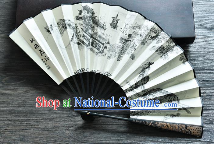 Handmade Chinese Accordion Ink Painting Maple Bridge Night Mooring Folding Fan Silk Fan Carving Bamboo Fan