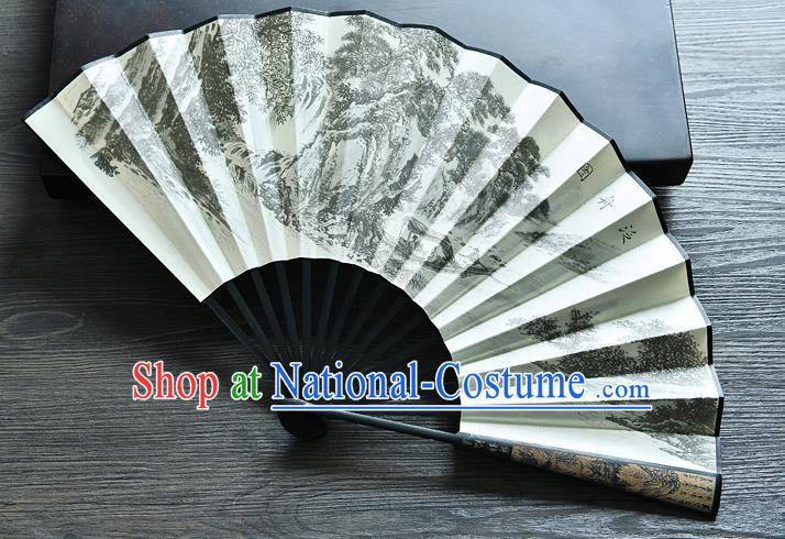 Handmade Chinese Ink Painting Folding Fan Silk Fan Carving Bamboo Fan Accordion