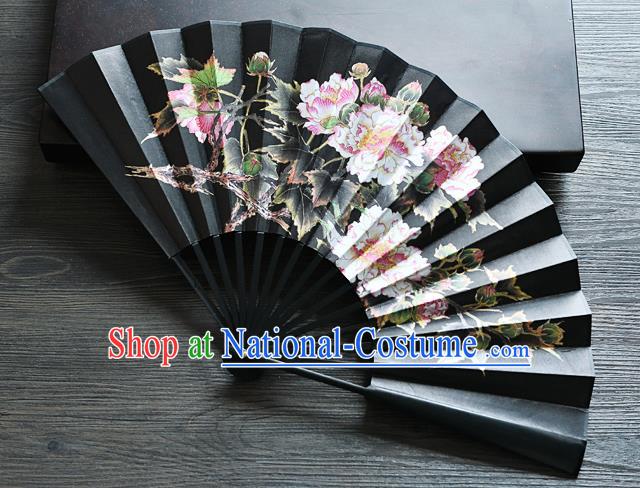 Handmade Chinese Printing Peony Folding Fan Accordion Fans Black Silk Fan