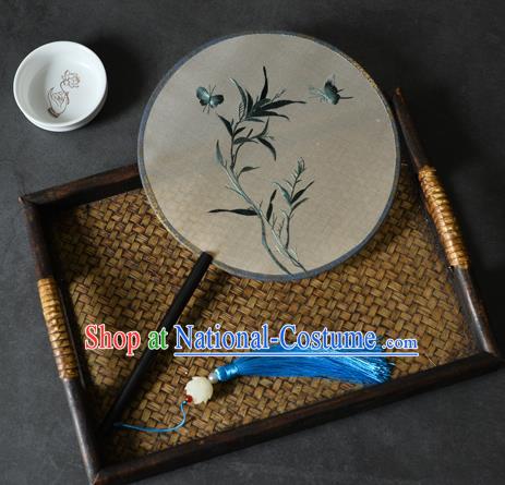 China Handmade Ebony Fan Classical Dance Silk Circular Fan Traditional Suzhou Embroidered Grass Butterfly Palace Fan