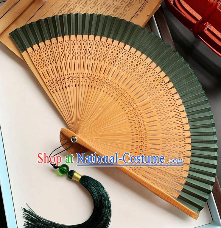 Chinese Classical Deep Green Silk Accordion Carving Bamboo Folding Fan Handmade Fan