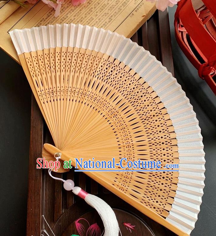 Chinese Handmade Fan Classical White Silk Accordion Carving Bamboo Folding Fan